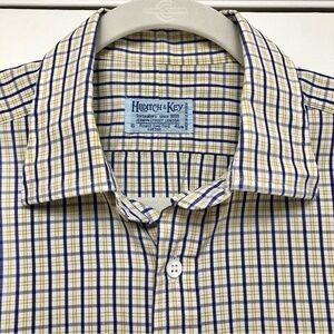 Hilditch & Key London Men’s Cotton Check Plaid Dress Shirt Blue Yellow 16 41cm